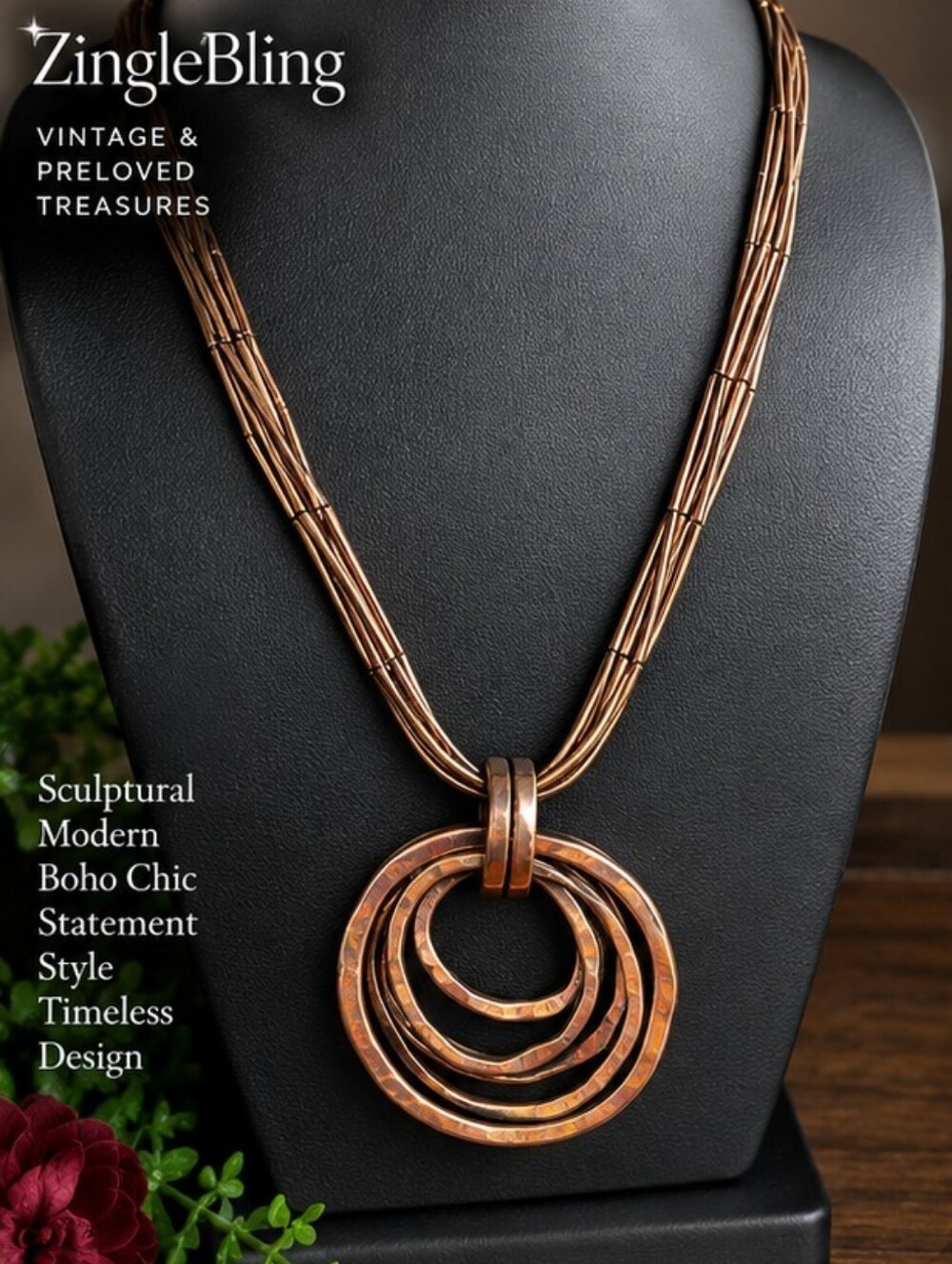 Antique Copper Tone Multi Strand Tube Bead Statement Pendant Necklace